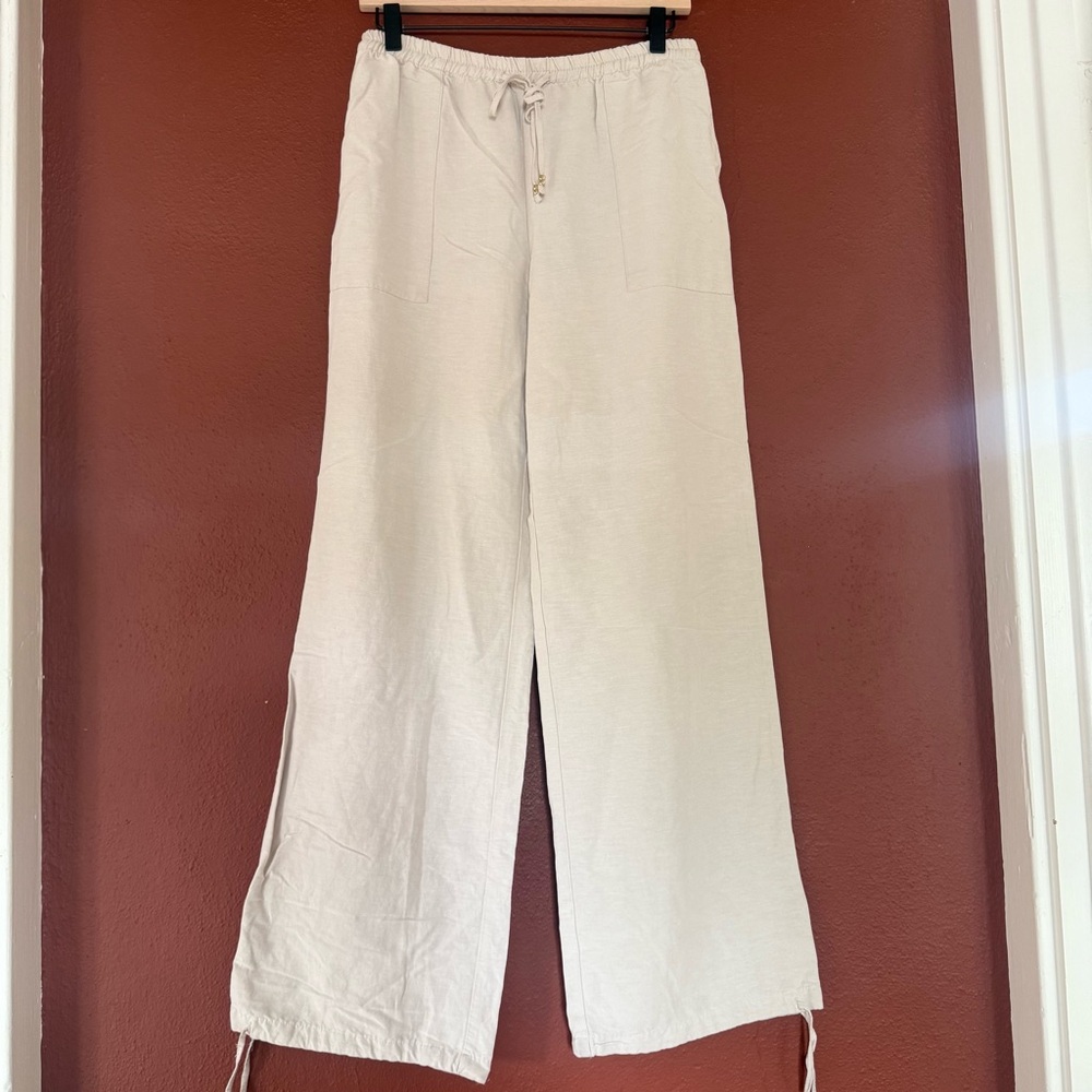 H&M Wide Leg Drawstring Linen Pants in Light Beige